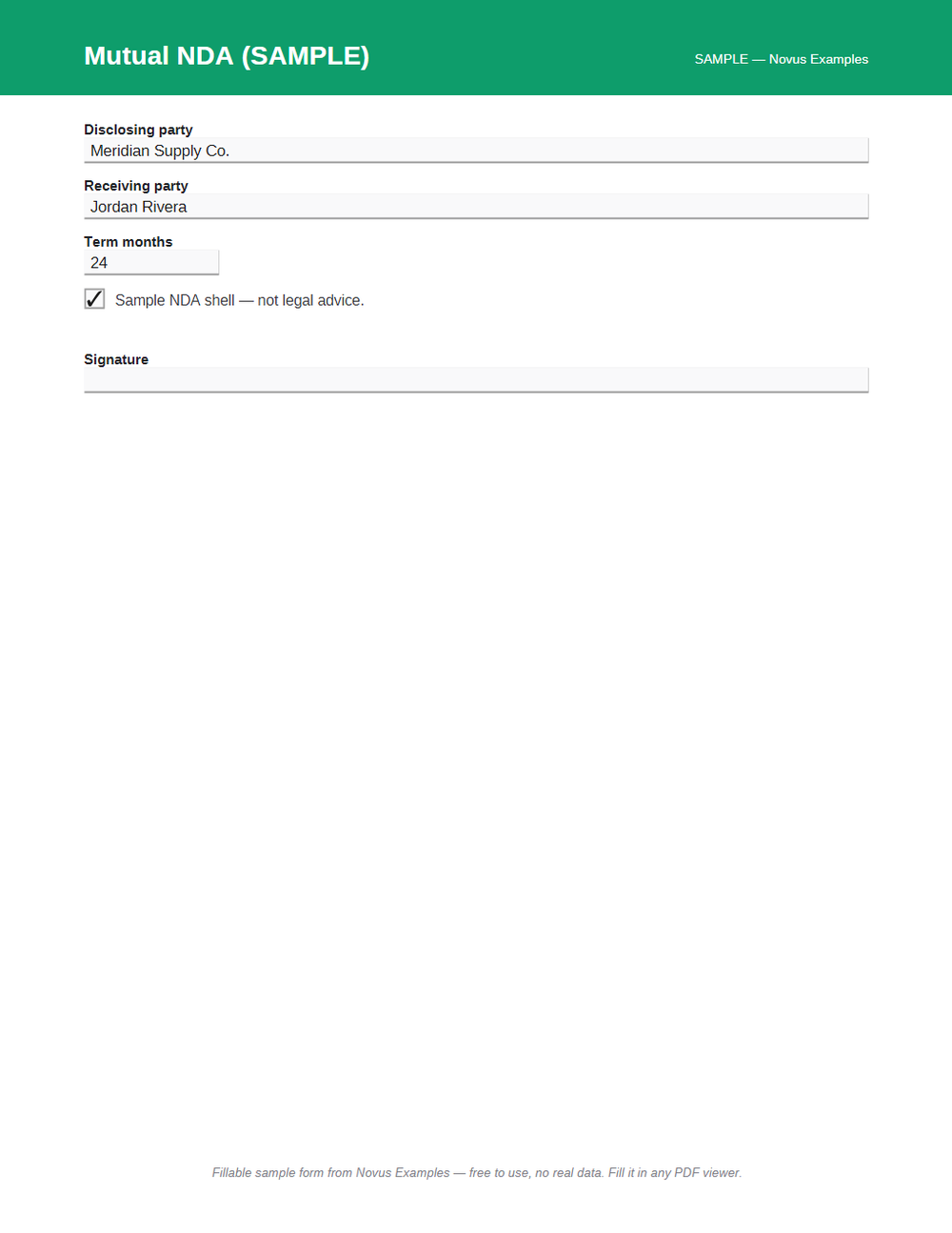 Rendered preview of NDA Fillable AcroForm (SAMPLE)