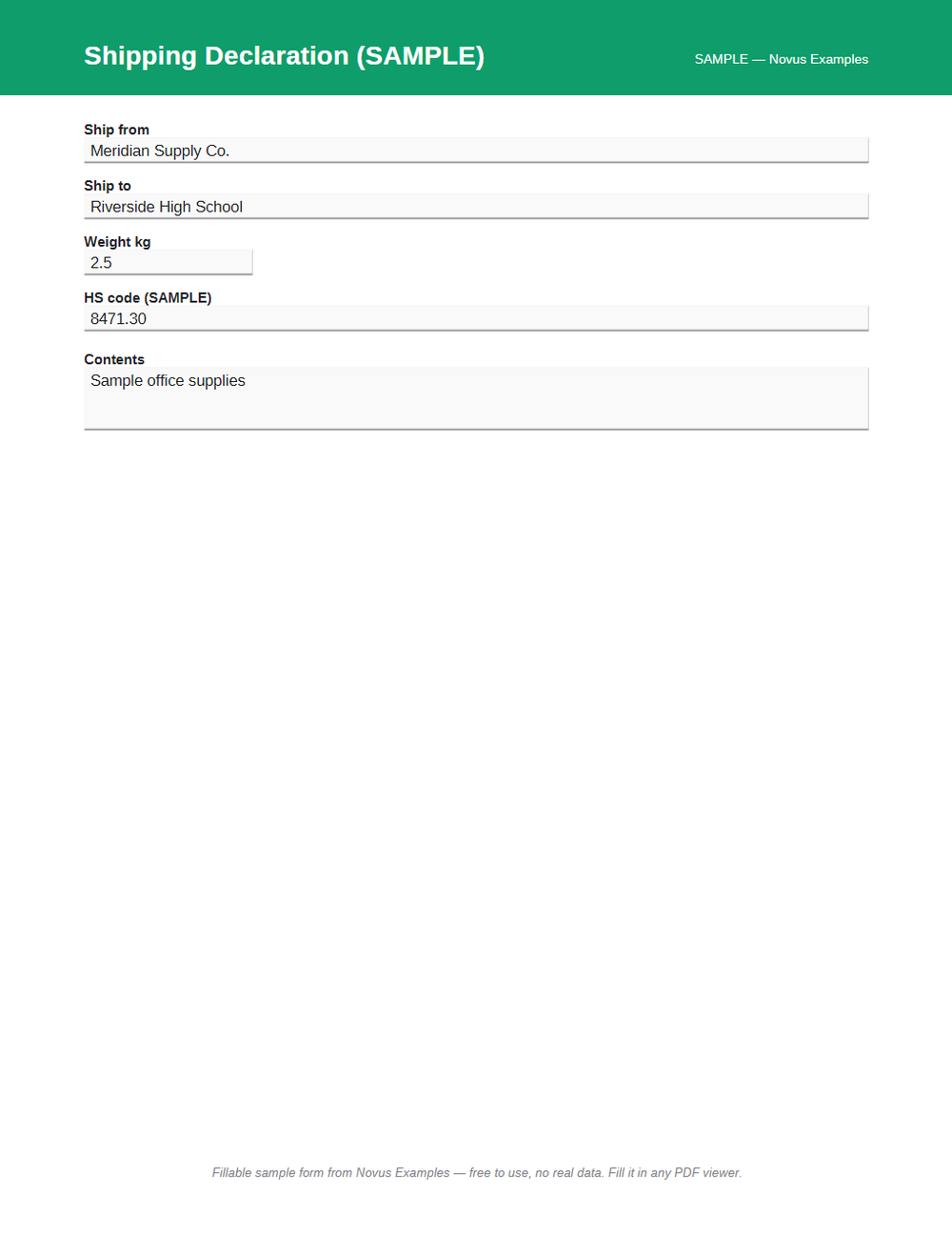 Rendered preview of Shipping Declaration AcroForm (SAMPLE)