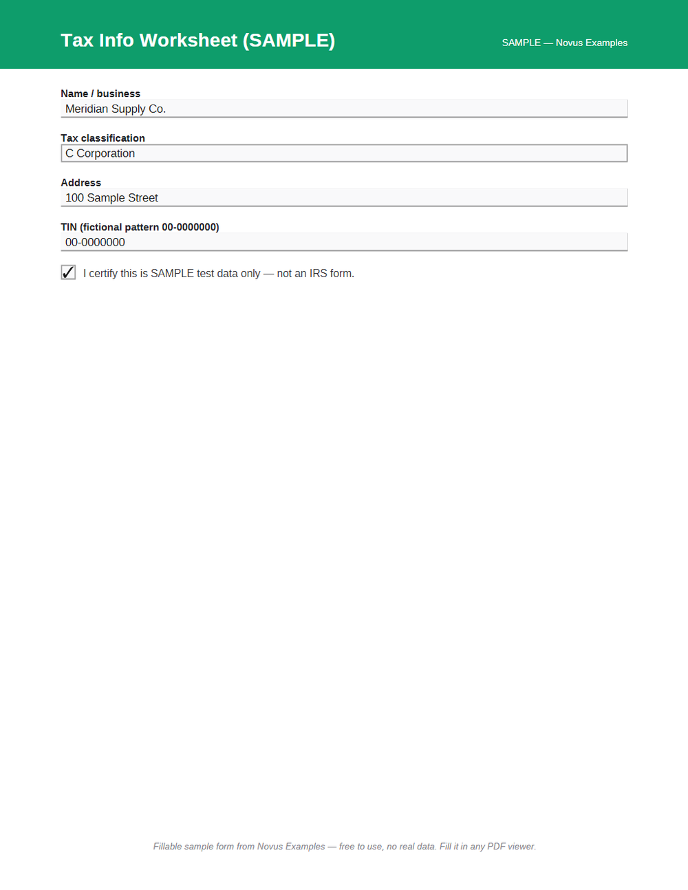 Rendered preview of Tax Info Worksheet AcroForm (SAMPLE)