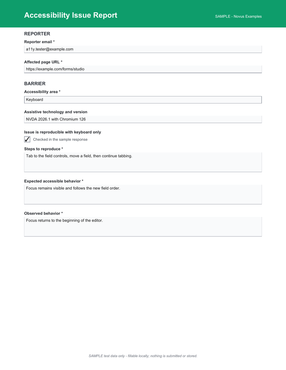 Rendered preview of Accessibility Issue Report AcroForm (SAMPLE)