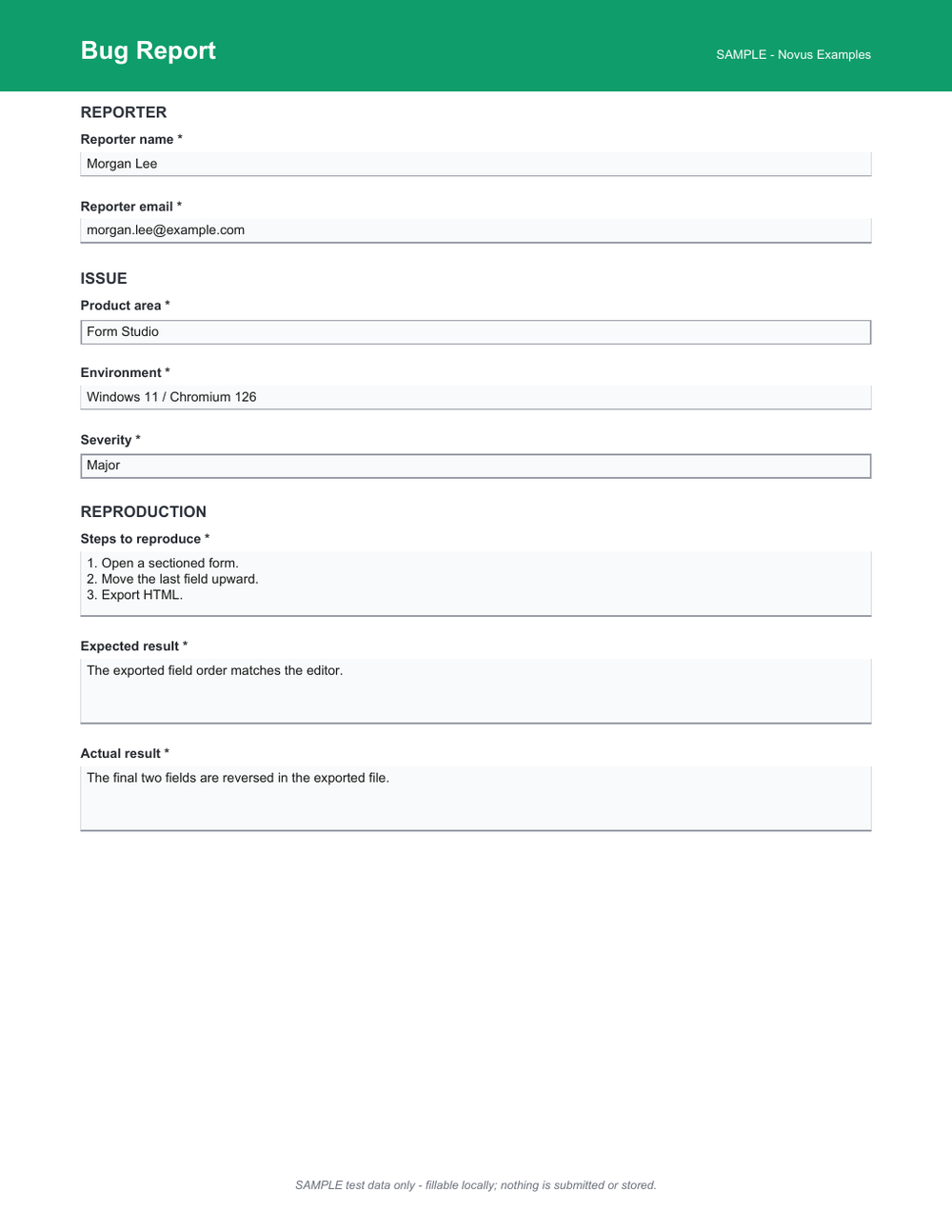 Rendered preview of Bug Report AcroForm (SAMPLE)