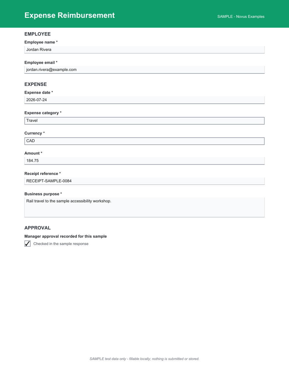 Rendered preview of Expense Reimbursement AcroForm (SAMPLE)