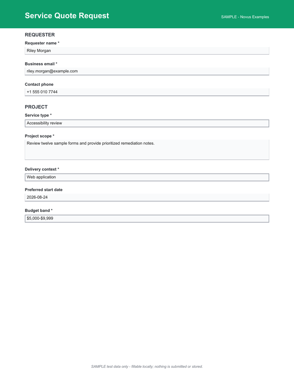 Rendered preview of Service Quote Request AcroForm (SAMPLE)