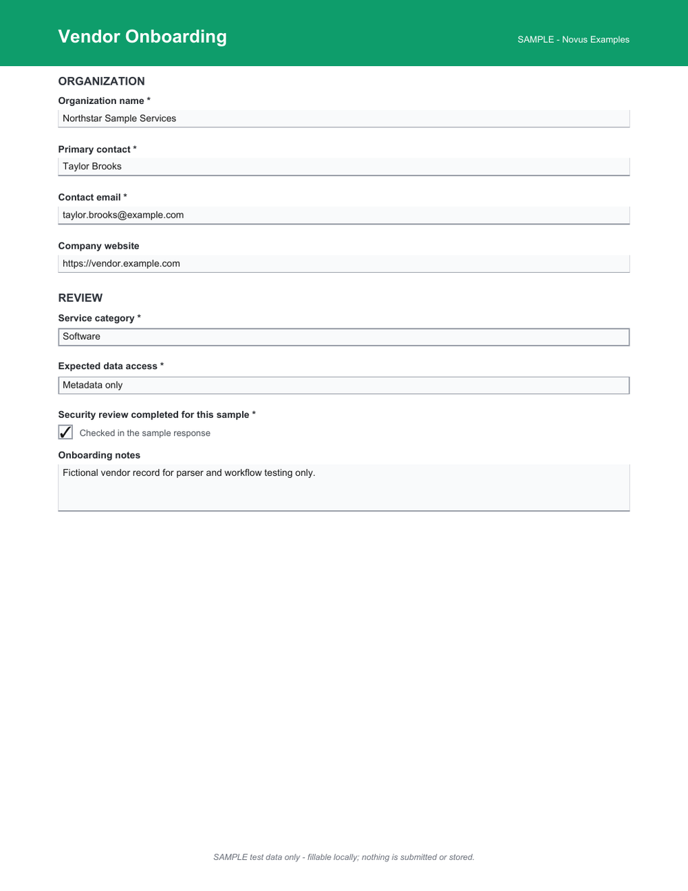 Rendered preview of Vendor Onboarding AcroForm (SAMPLE)