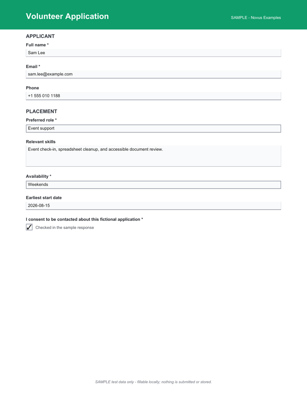 Rendered preview of Volunteer Application AcroForm (SAMPLE)