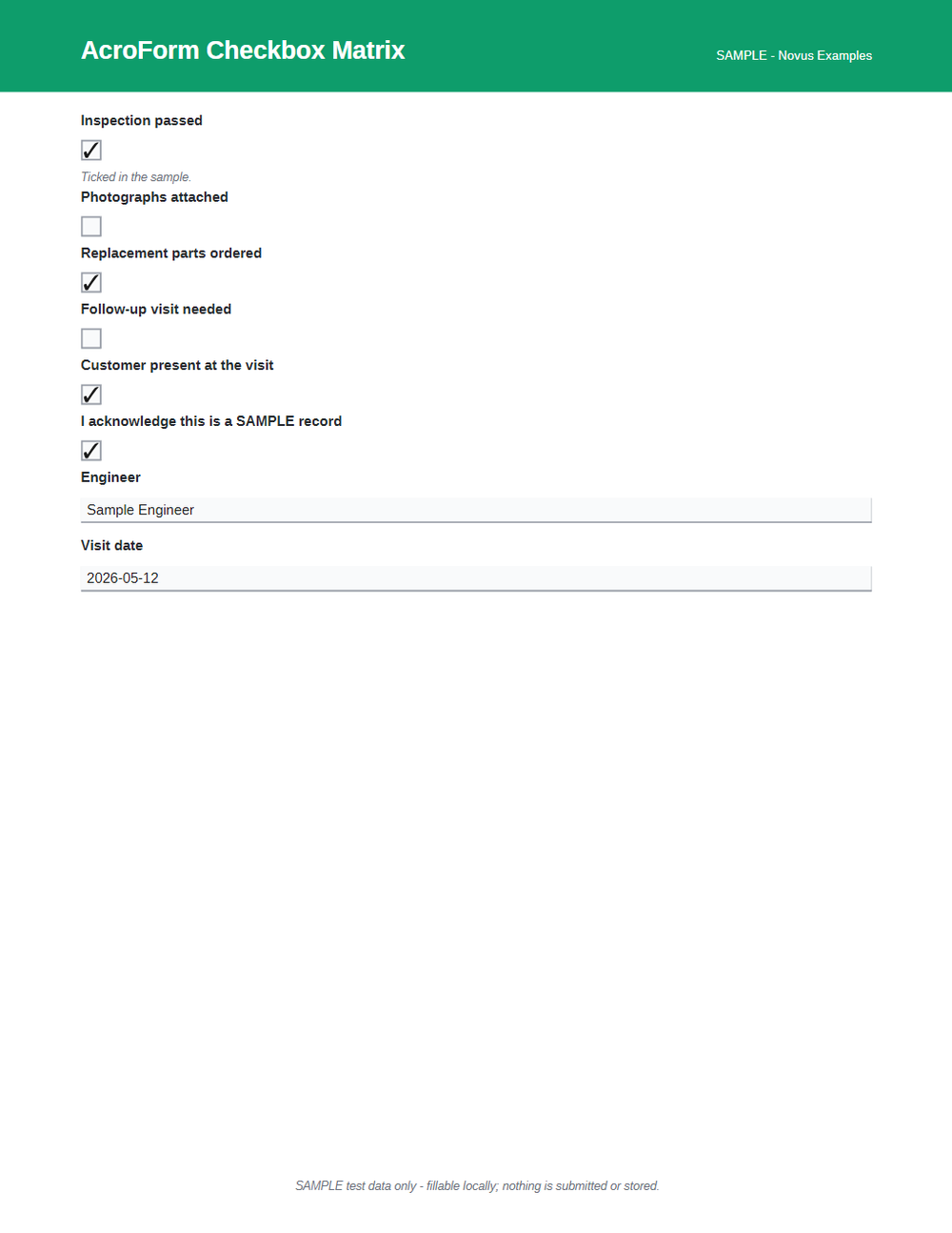 Rendered preview of AcroForm Checkbox Matrix (SAMPLE AcroForm)