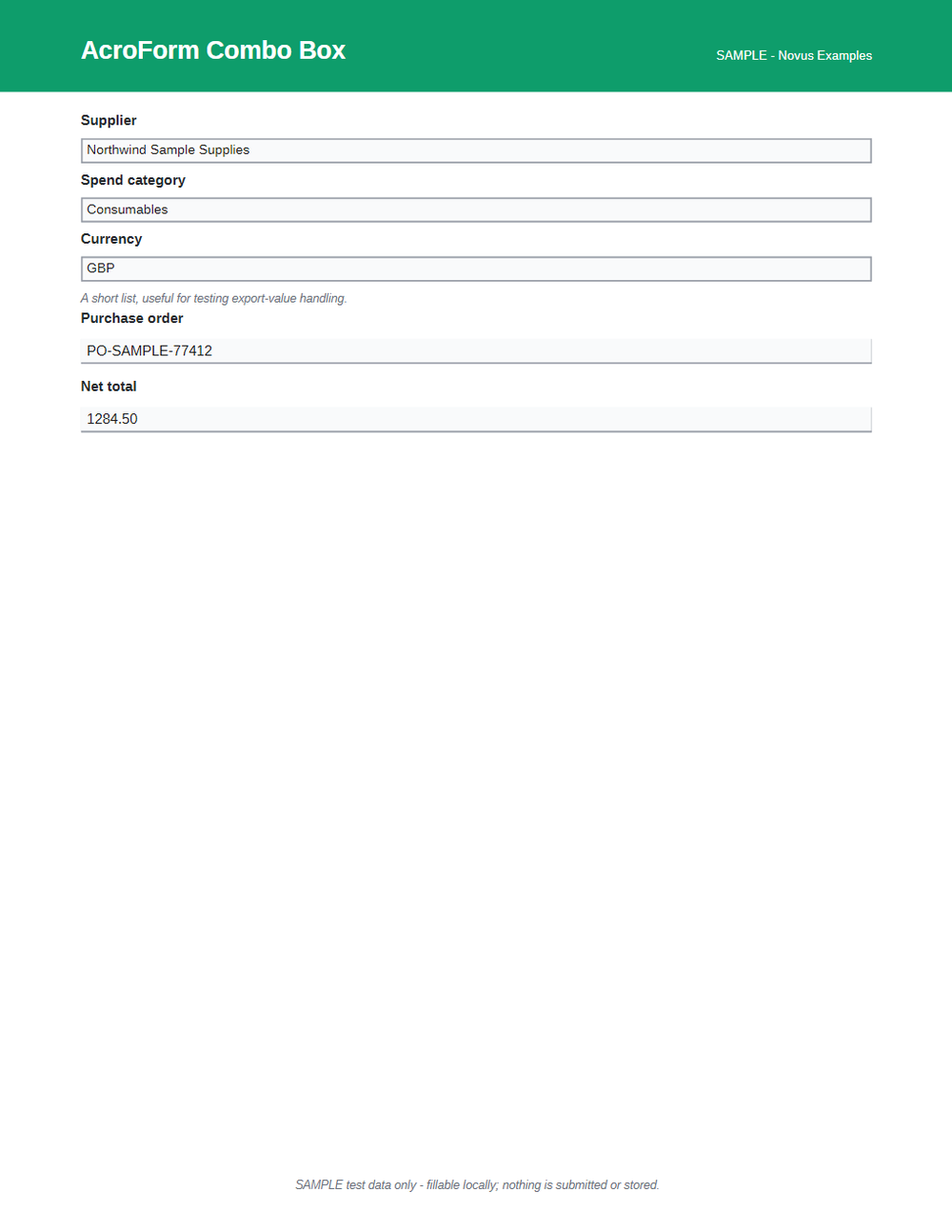 Rendered preview of AcroForm Combo Box (SAMPLE AcroForm)