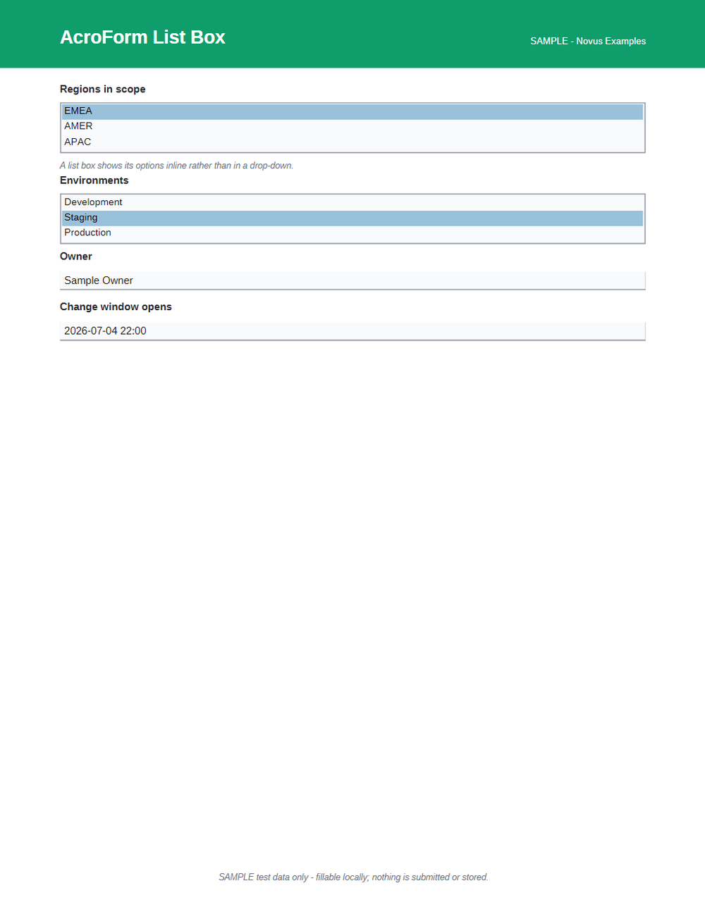 Rendered preview of AcroForm List Box (SAMPLE AcroForm)
