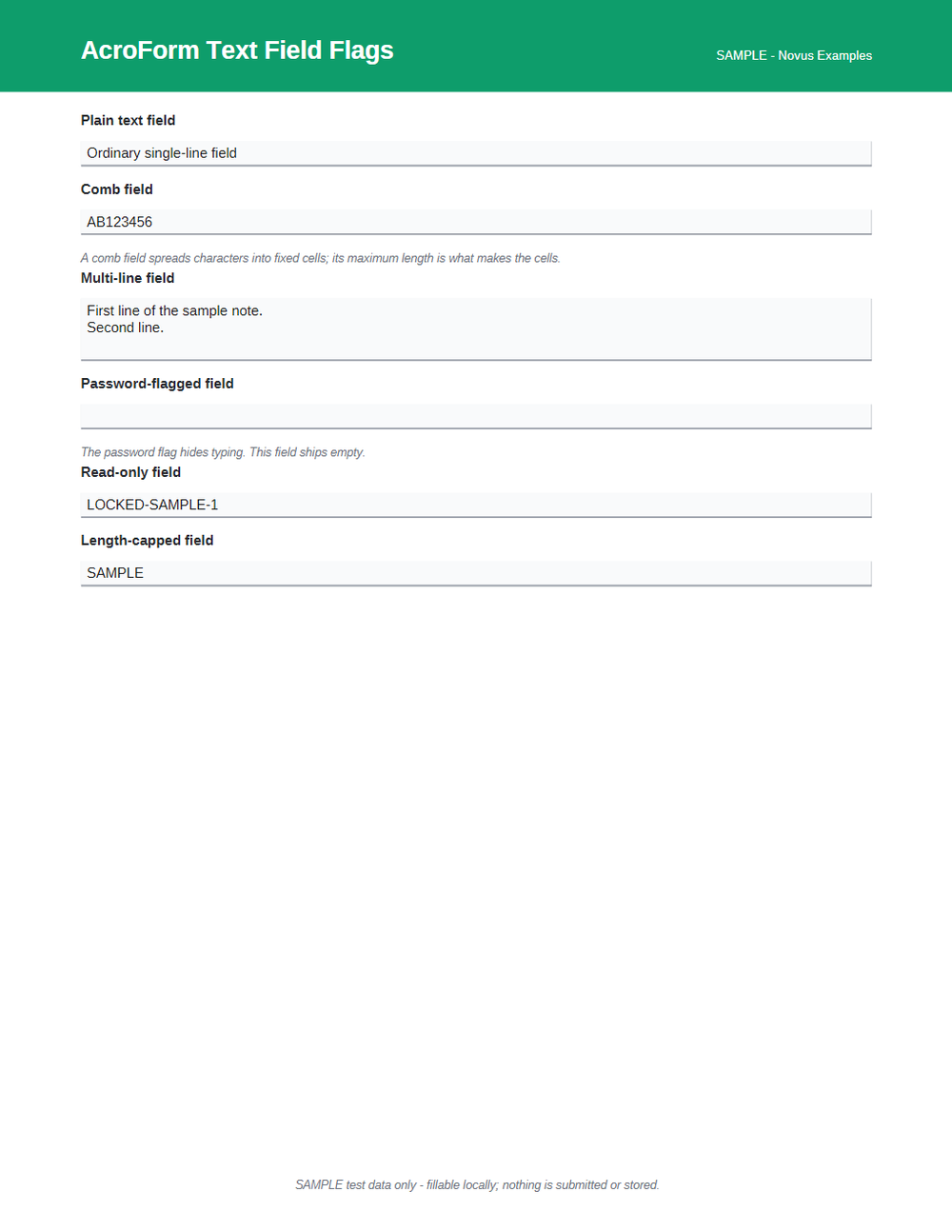 Rendered preview of AcroForm Text Field Flags (SAMPLE AcroForm)