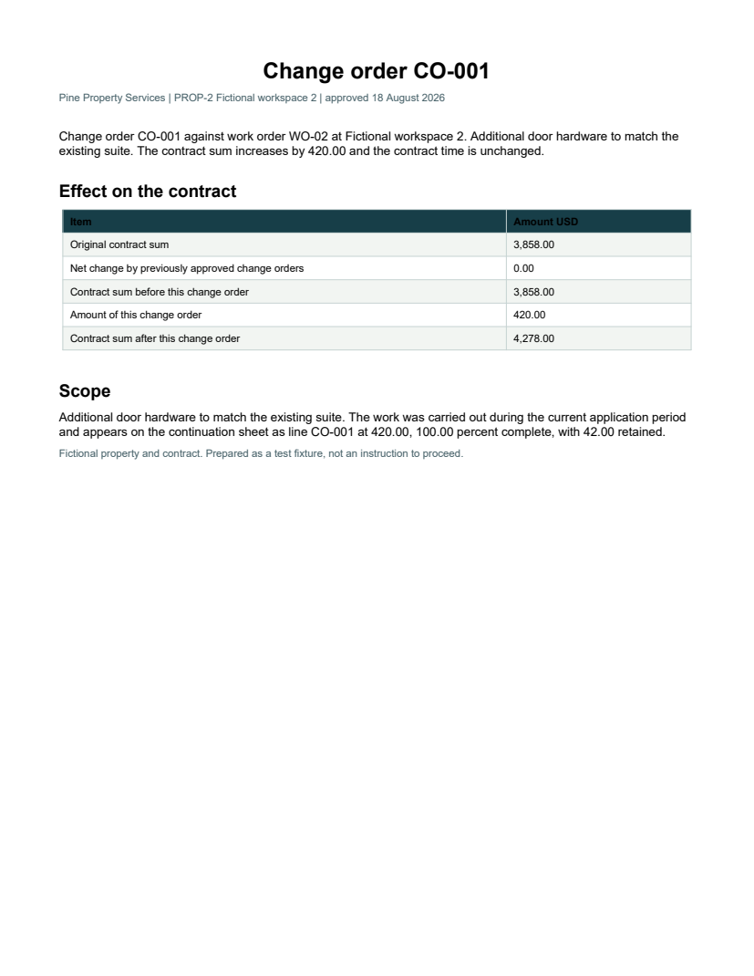 Rendered preview of Pine Property Services: Change order PDF