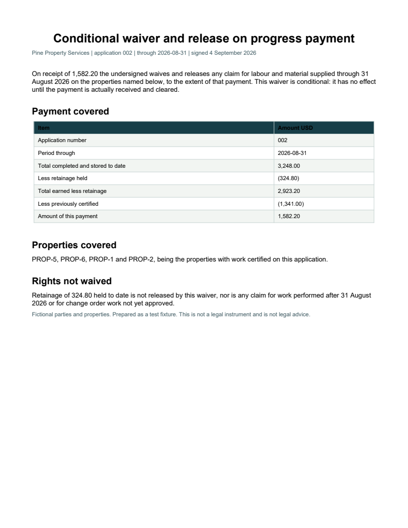 Rendered preview of Pine Property Services: Conditional lien waiver PDF