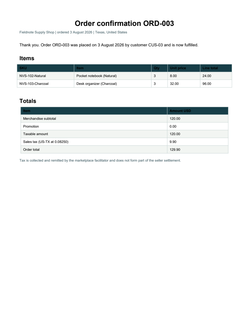 Rendered preview of Fieldnote Supply Shop: Order confirmation PDF