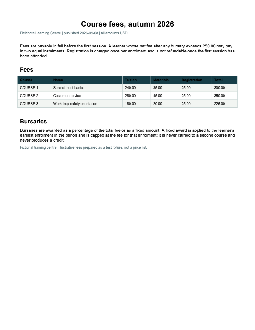 Rendered preview of Fieldnote Learning Centre: Course fee schedule PDF