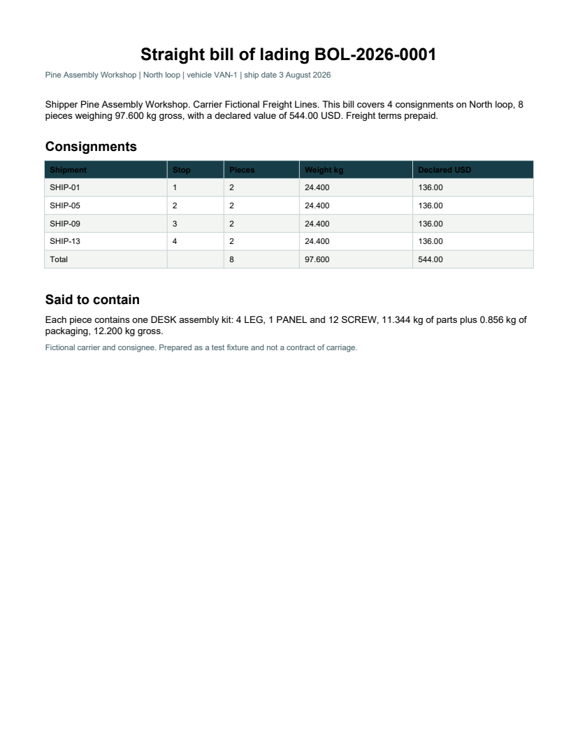Rendered preview of Pine Assembly Workshop: Bill of lading BOL-2026-0001 PDF