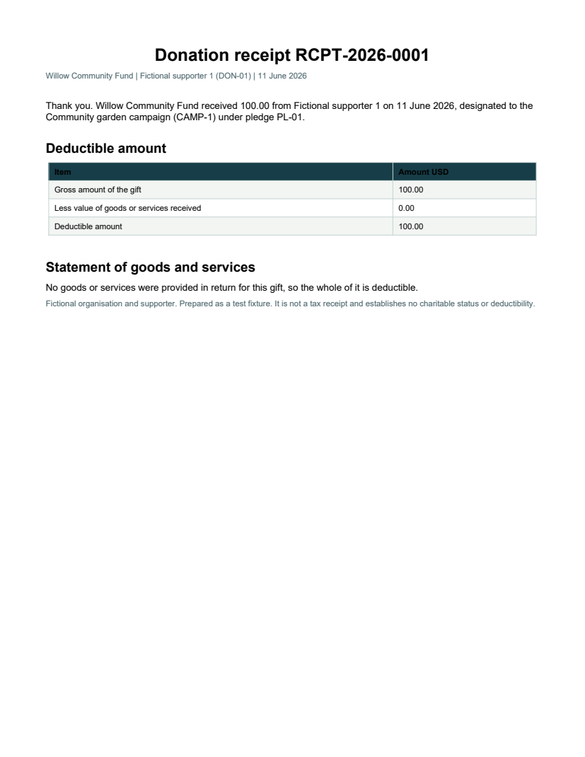 Rendered preview of Willow Community Fund: Donation receipt PDF, pure gift