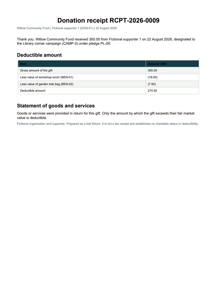 Rendered preview of Willow Community Fund: Donation receipt PDF, quid pro quo gift