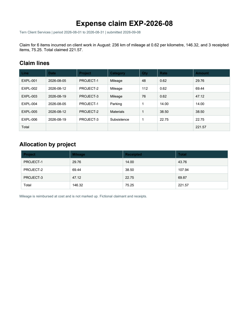 Rendered preview of Tern Client Services: Expense claim PDF