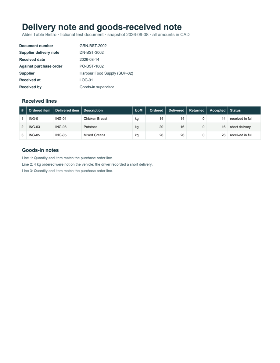 Rendered preview of Alder Table Bistro: Delivery note and goods-received note PDF