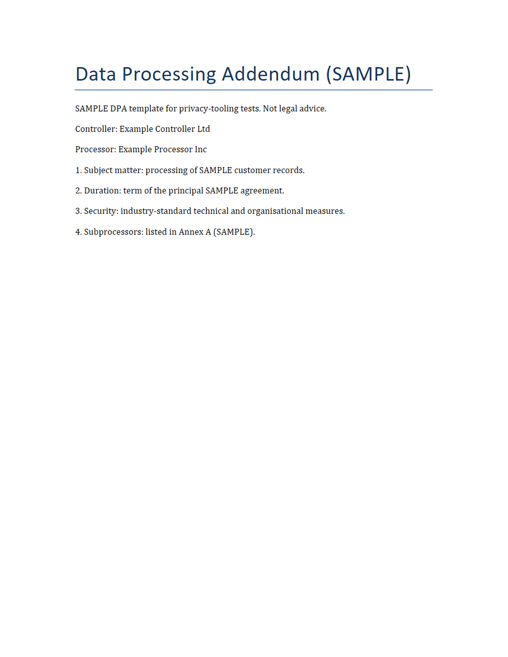Rendered preview of Data Processing Addendum (DOCX, SAMPLE)