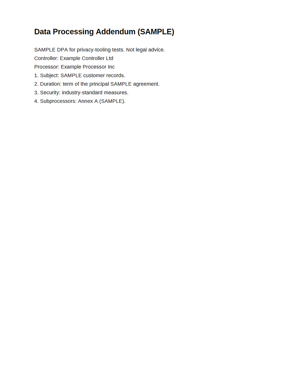 Rendered preview of Data Processing Addendum (PDF, SAMPLE)