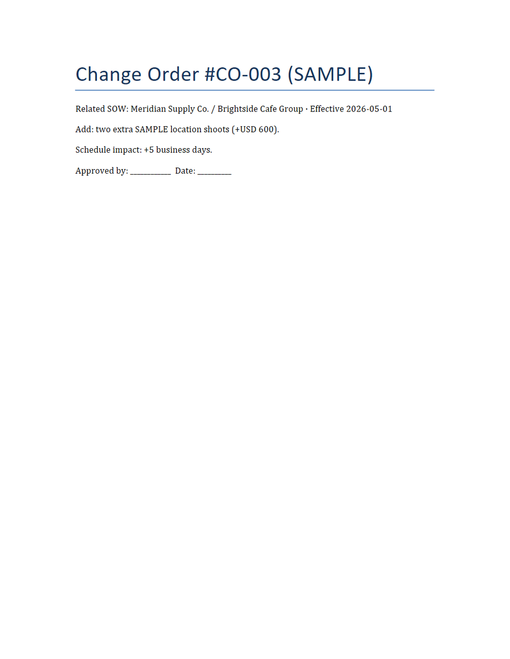 Rendered preview of Change Order (DOCX, SAMPLE)