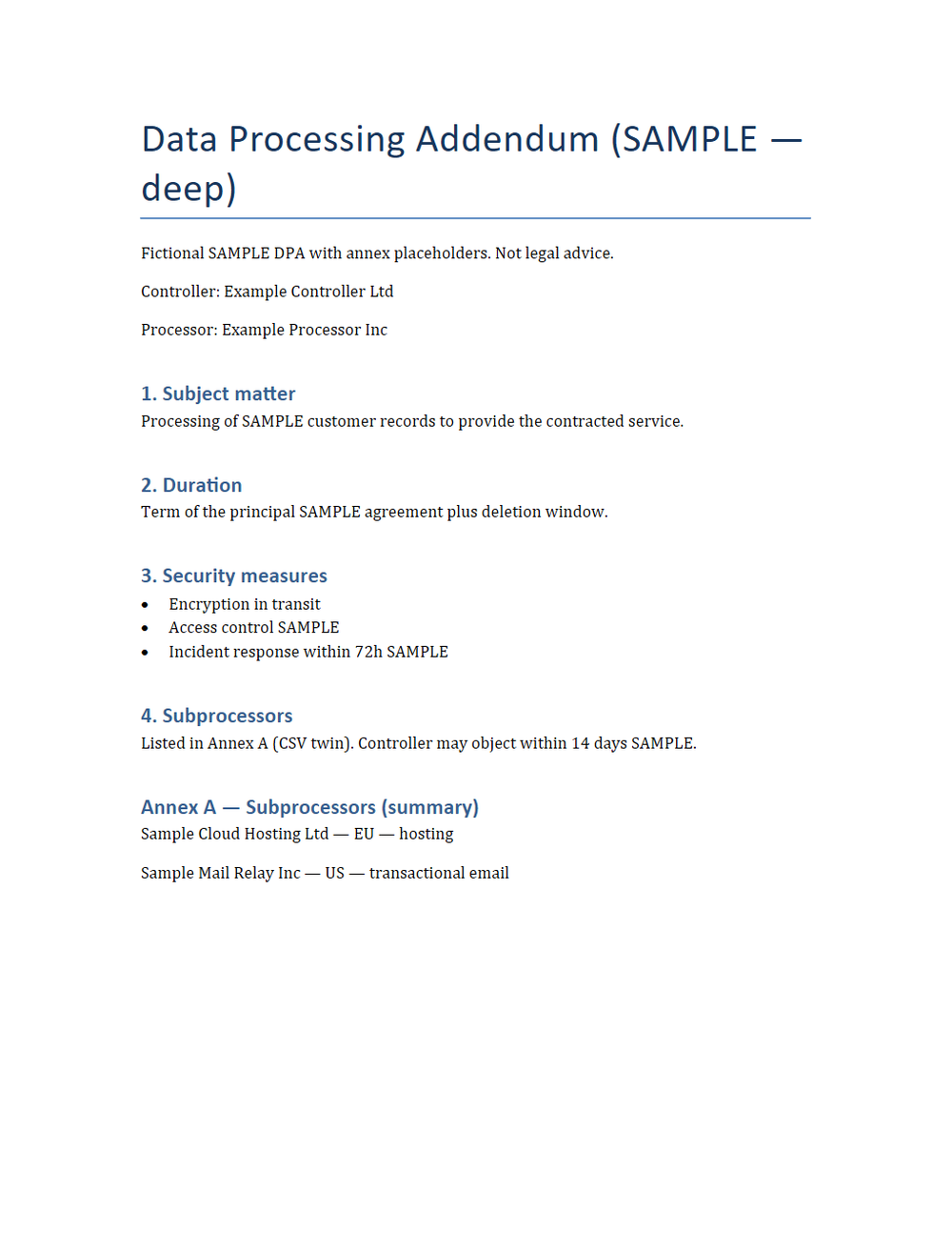 Rendered preview of DPA Deep (DOCX, SAMPLE)