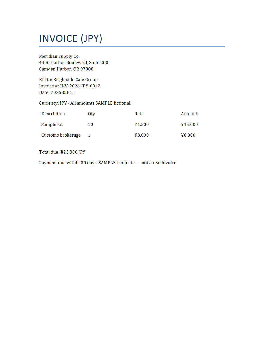 Rendered preview of Multi-Currency Invoice (JPY, DOCX, SAMPLE)