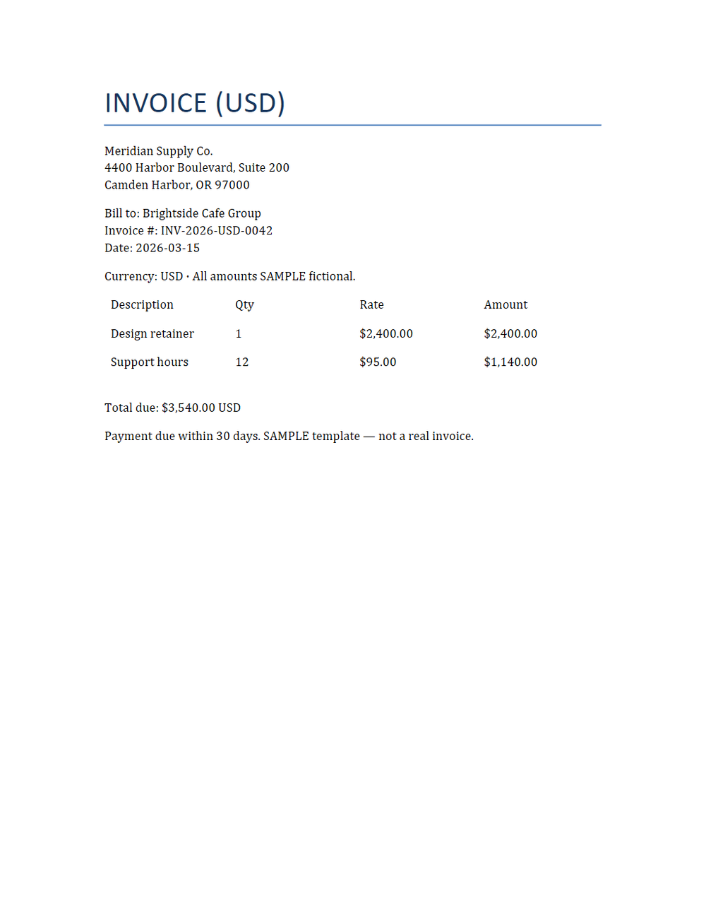 Rendered preview of Multi-Currency Invoice (USD, DOCX, SAMPLE)