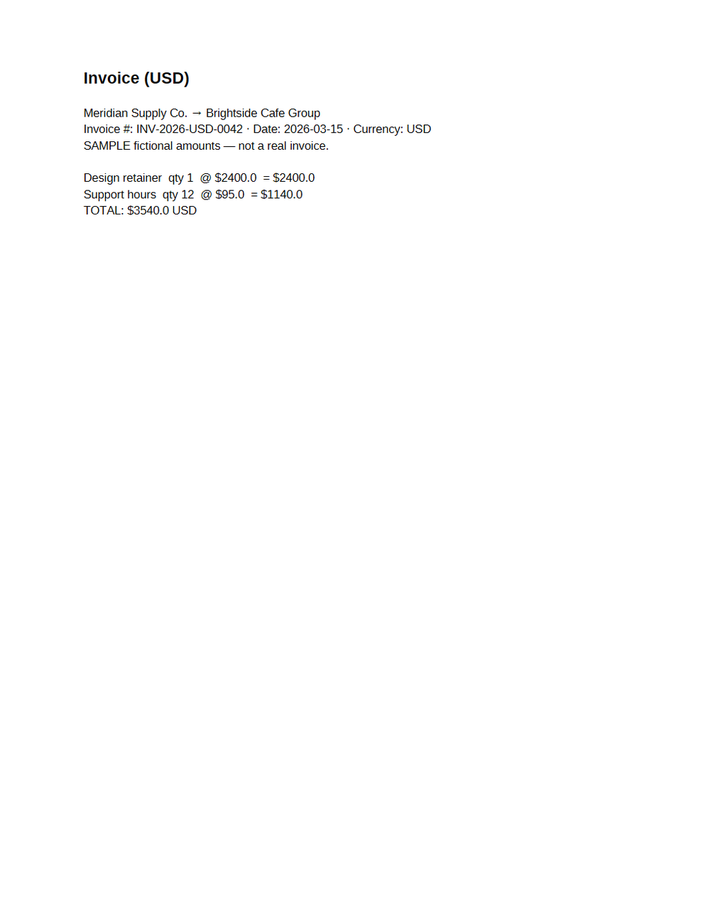 Rendered preview of Multi-Currency Invoice (USD, PDF, SAMPLE)