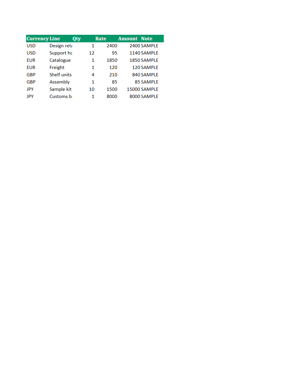 Rendered preview of Multi-Currency Invoice Ledger (XLSX, SAMPLE)