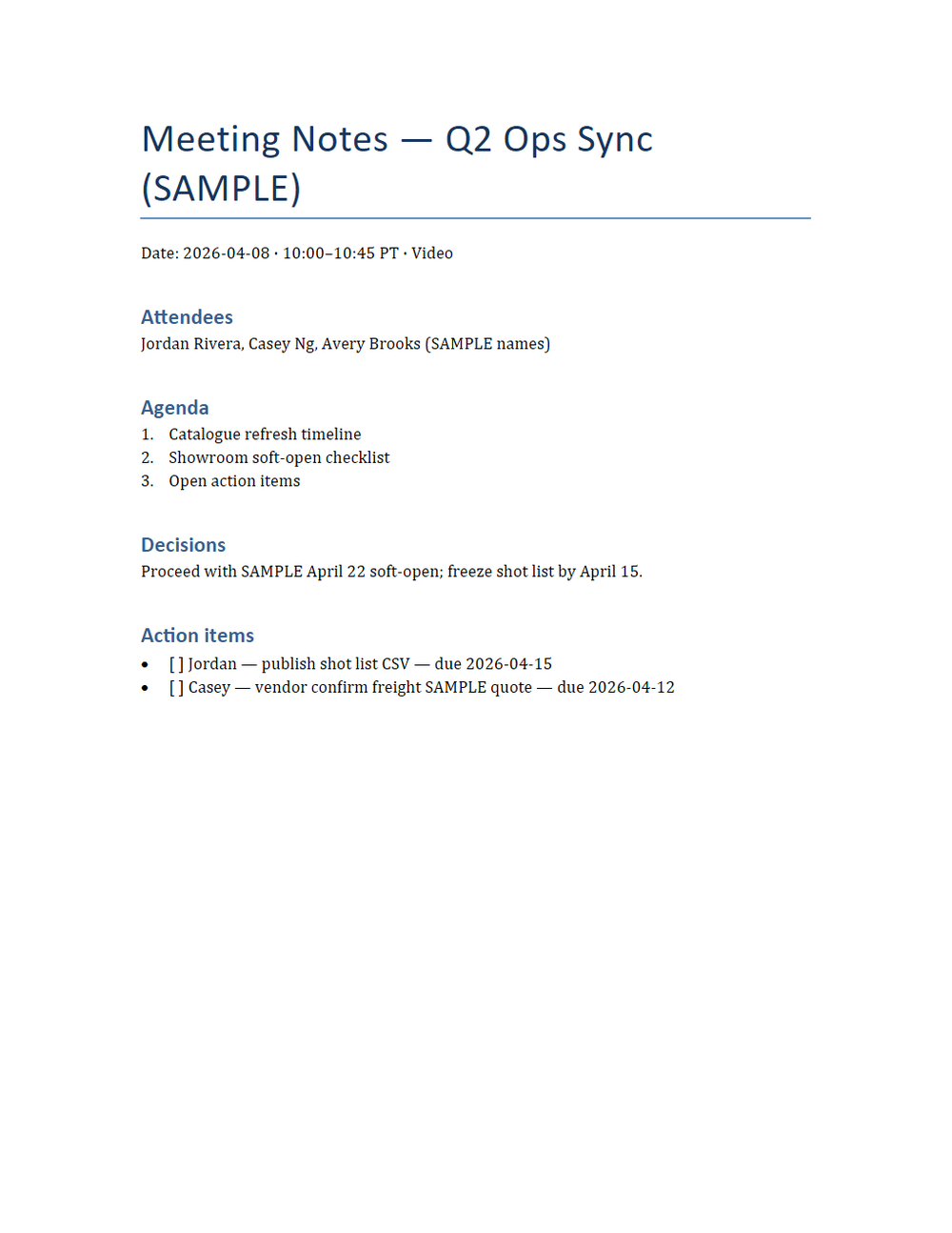 Rendered preview of Meeting Notes: Ops Sync (DOCX, SAMPLE)