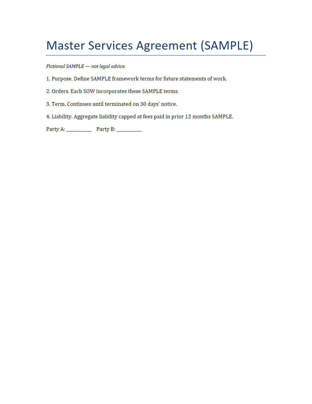 Rendered preview of Master Services Agreement (DOCX, SAMPLE)