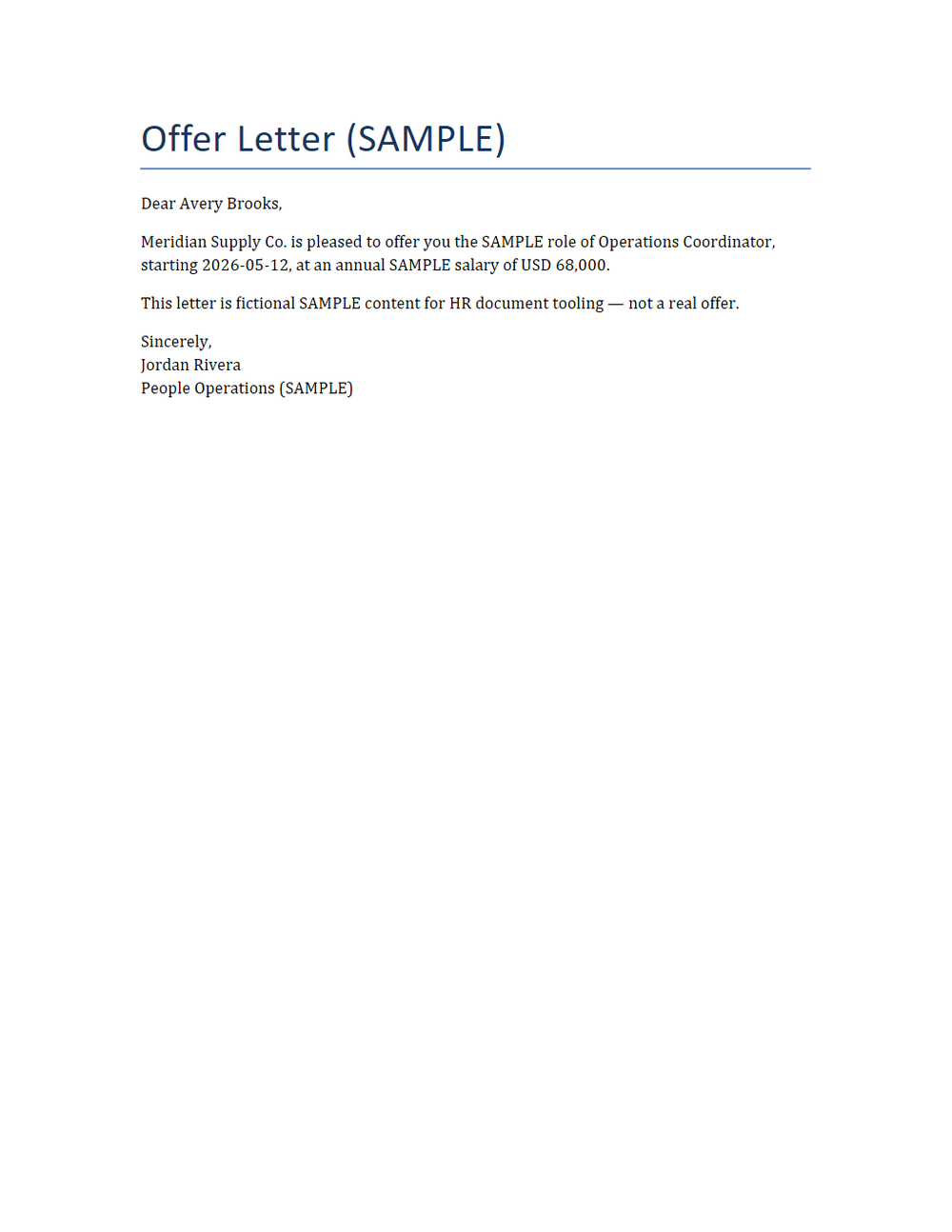 Rendered preview of Offer Letter (DOCX, SAMPLE)