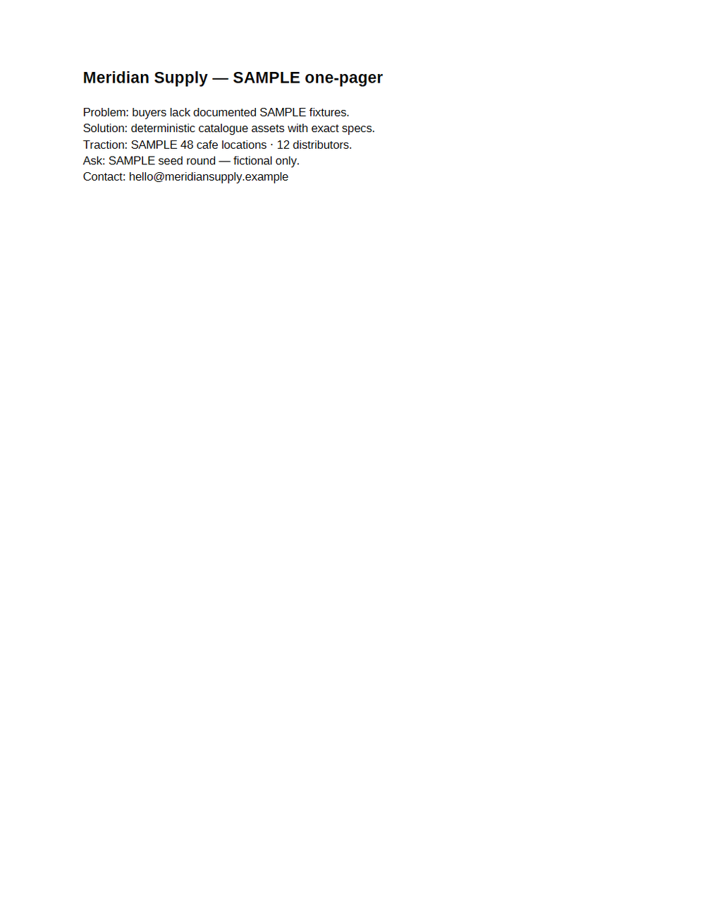 Rendered preview of Pitch One-Pager (PDF, SAMPLE)