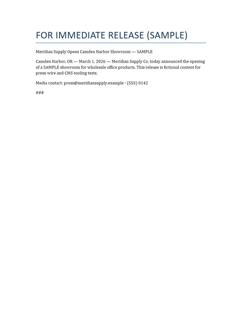 Rendered preview of Press Release: Showroom (DOCX, SAMPLE)