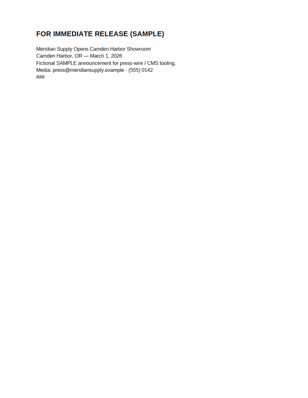 Rendered preview of Press Release: Showroom (PDF, SAMPLE)