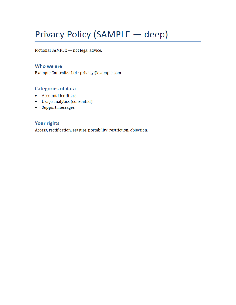 Rendered preview of Privacy Policy Deep (DOCX, SAMPLE)