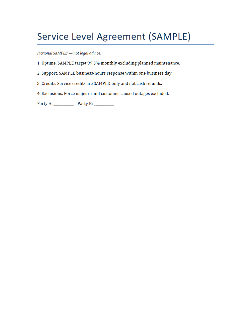 Rendered preview of Service Level Agreement (DOCX, SAMPLE)
