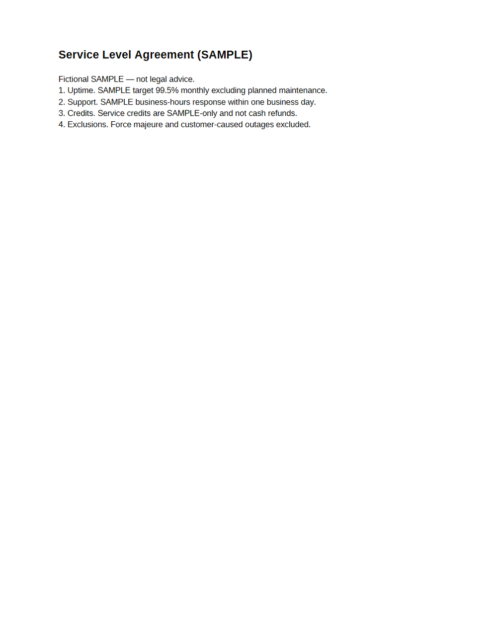 Rendered preview of Service Level Agreement (PDF, SAMPLE)