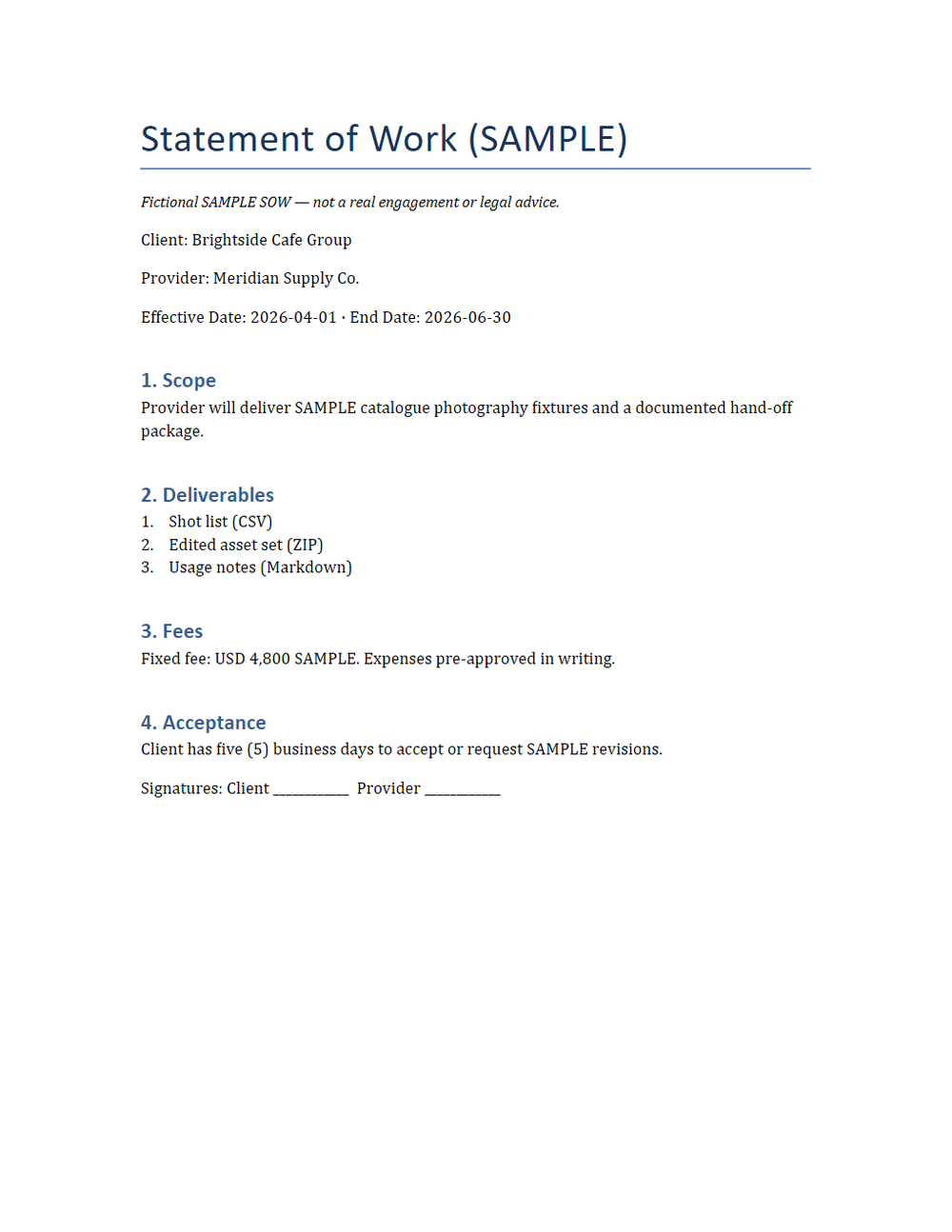 Rendered preview of Statement of Work (DOCX, SAMPLE)