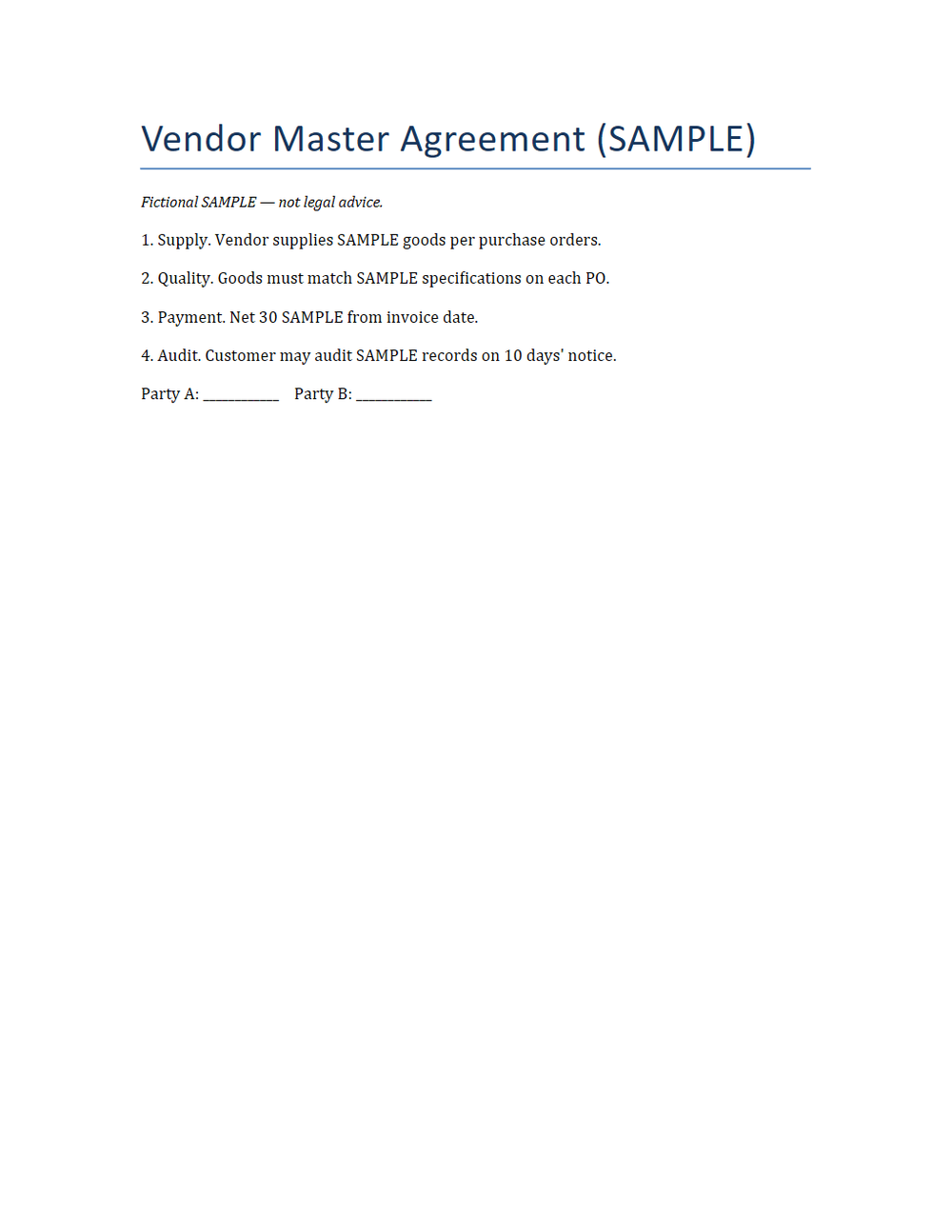 Rendered preview of Vendor Master Agreement (DOCX, SAMPLE)