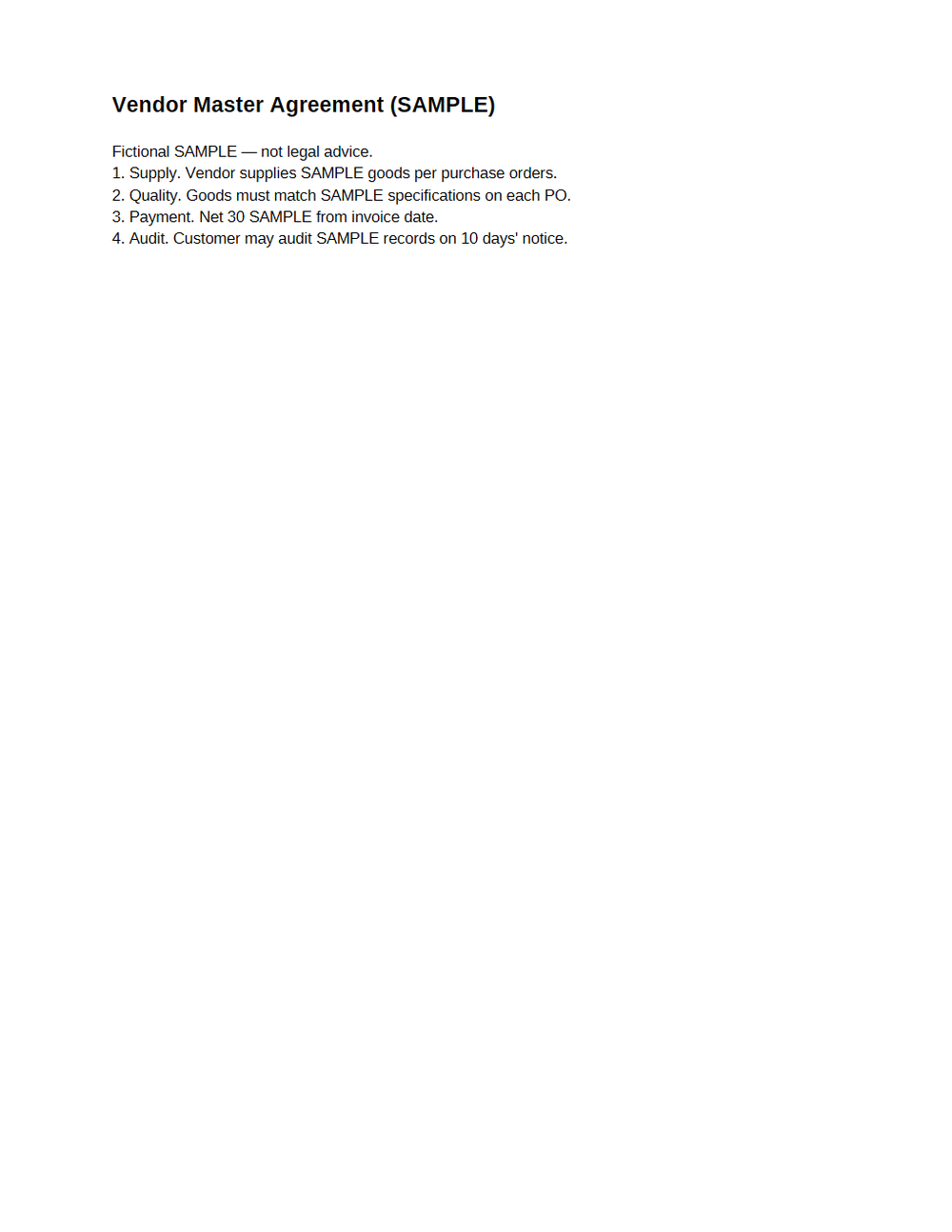 Rendered preview of Vendor Master Agreement (PDF, SAMPLE)