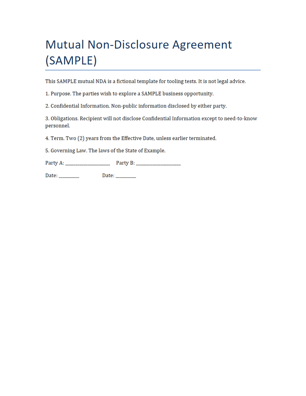 Rendered preview of Mutual NDA Template (DOCX, SAMPLE)