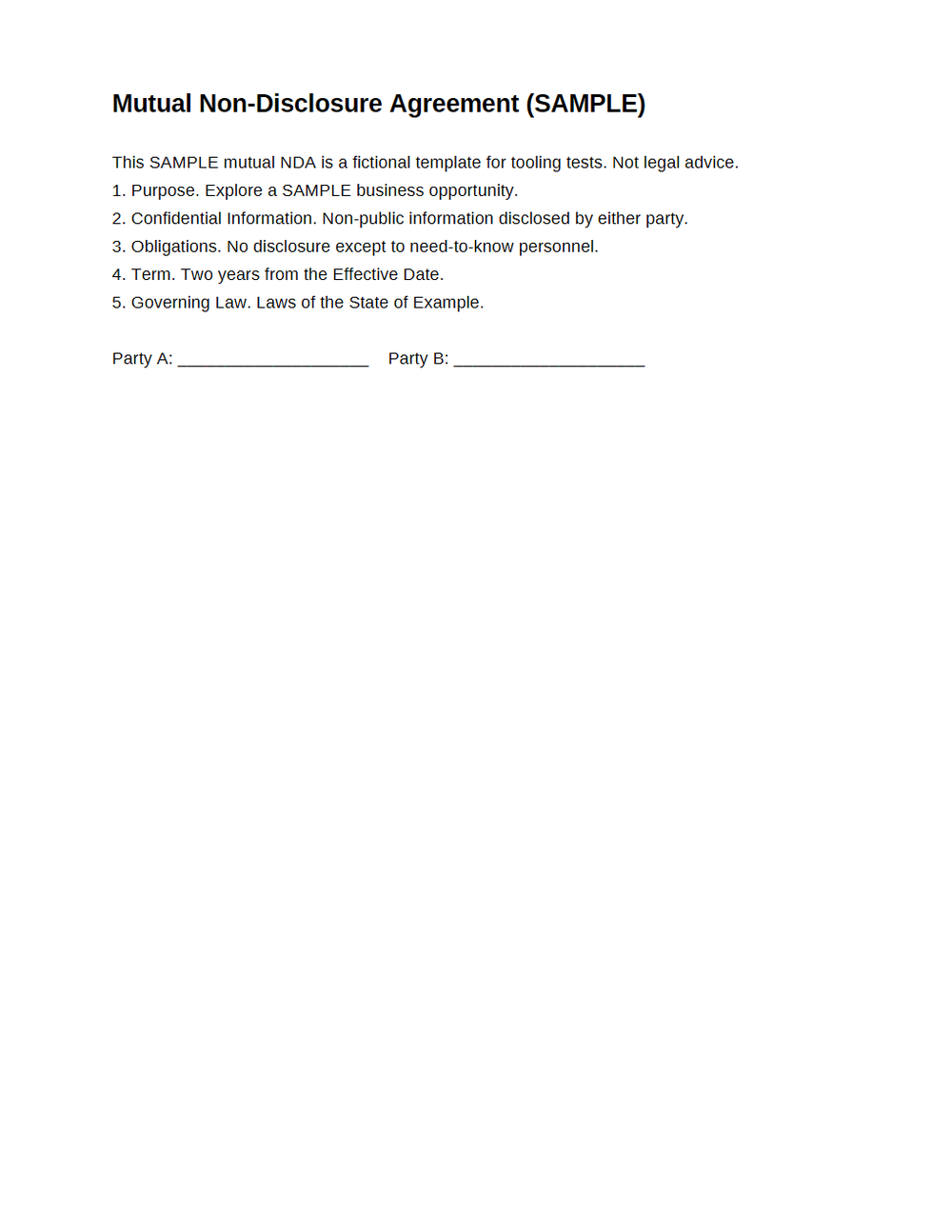 Rendered preview of Mutual NDA Template (PDF, SAMPLE)