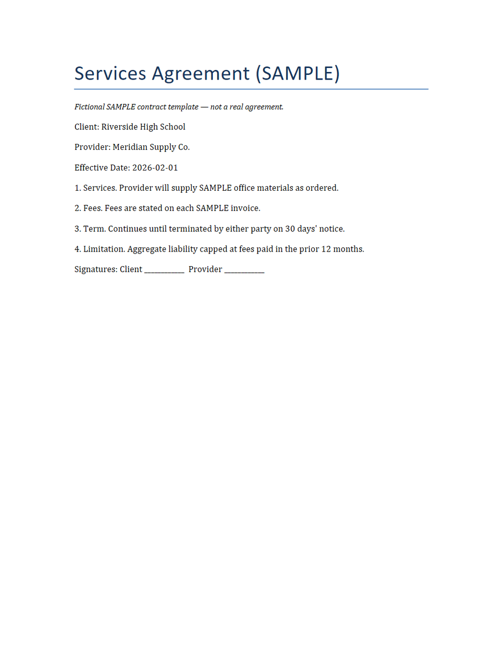 Rendered preview of Services Agreement Template (PDF, SAMPLE)