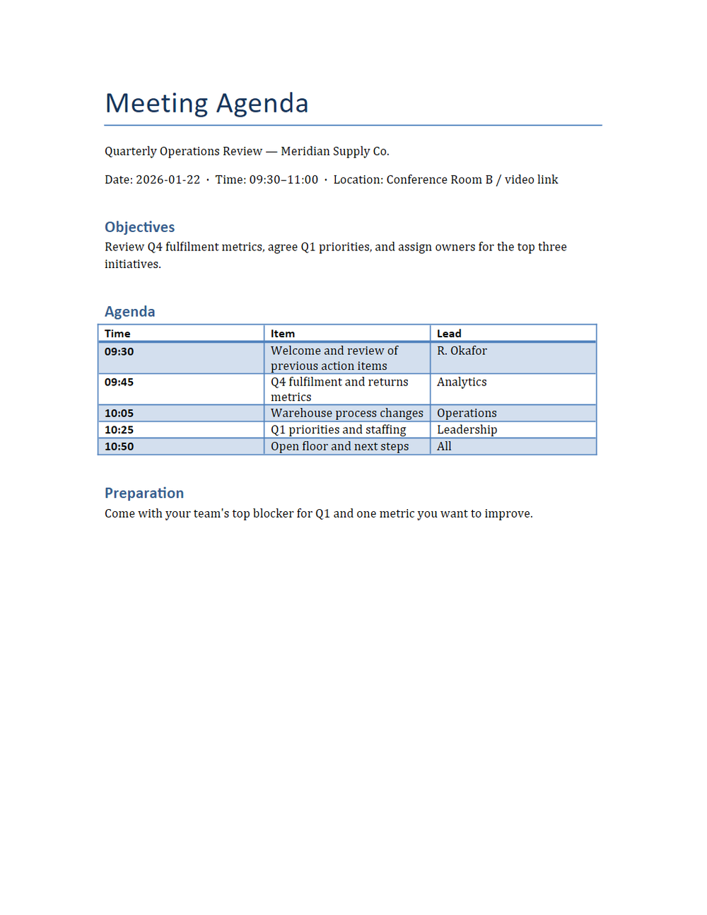 Rendered preview of Meeting Agenda Template (DOCX)