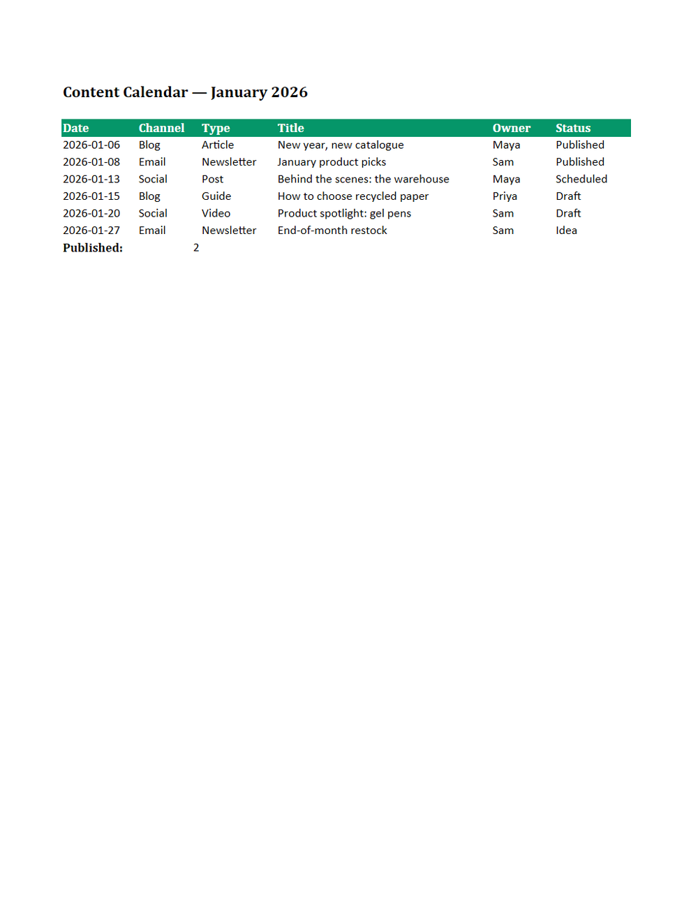 Rendered preview of Content Calendar Template (XLSX)