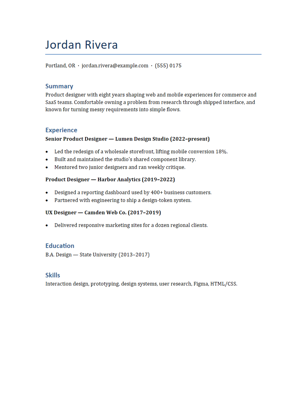 Rendered preview of Chronological CV Template (DOCX)