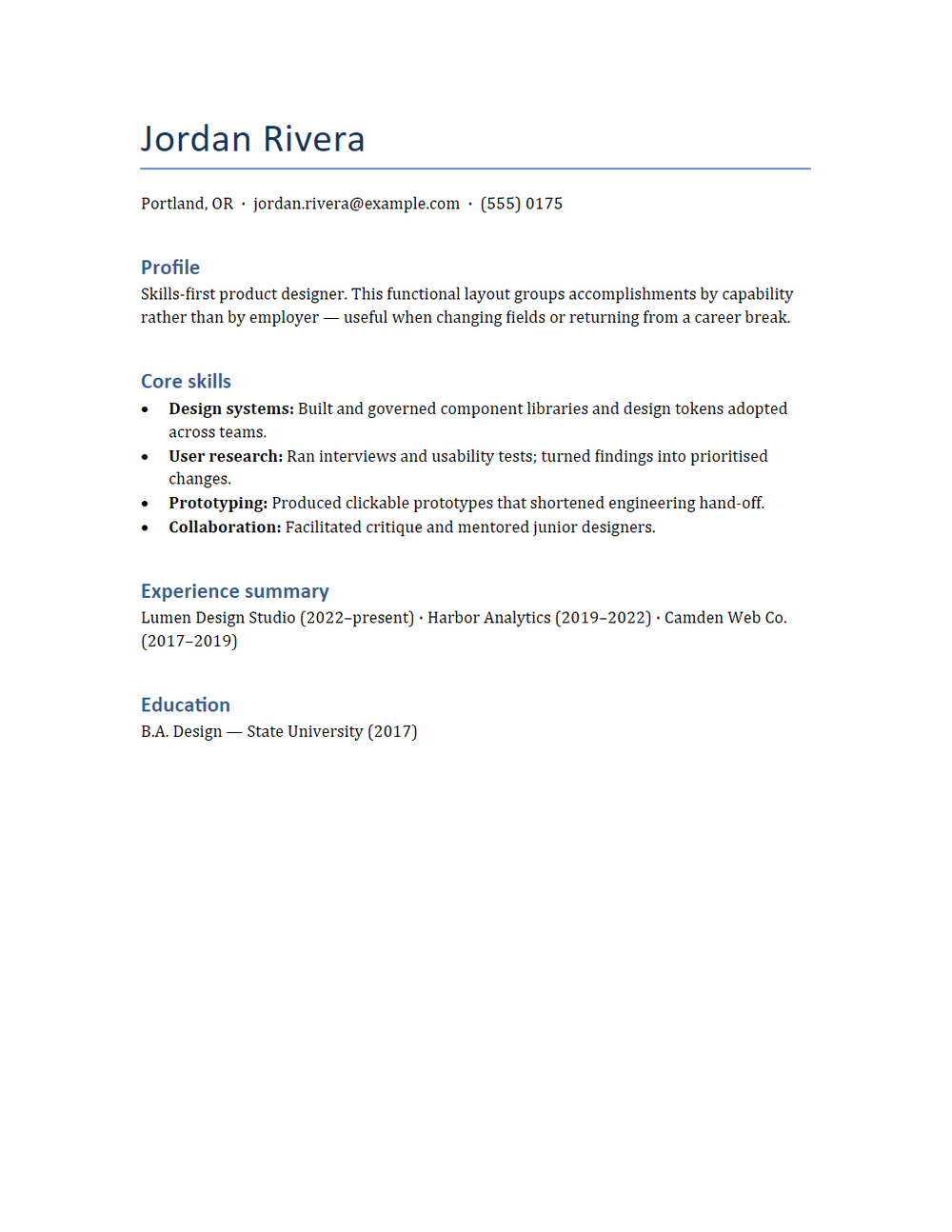 Rendered preview of Functional CV Template (DOCX)