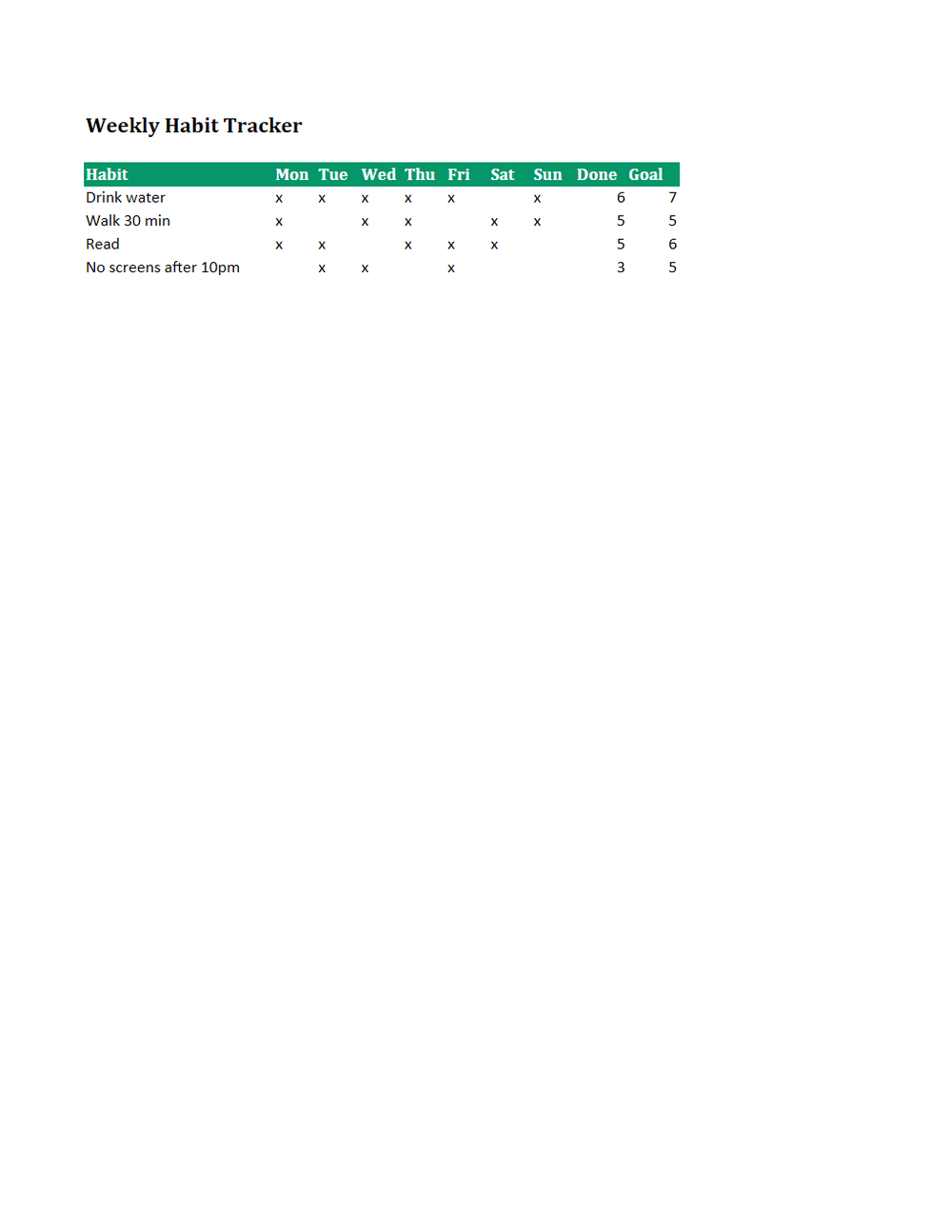 Rendered preview of Habit Tracker Template (XLSX)